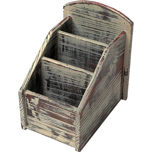 Rustic Torched Wood Remote Control Holder for Table with 3 Compartments - Picture 3 of 5